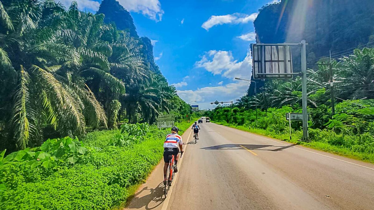Road bike cyclists riding into Thai mountains