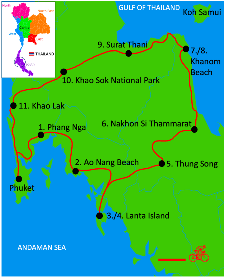 Southern Thailand Cycling Tour Map