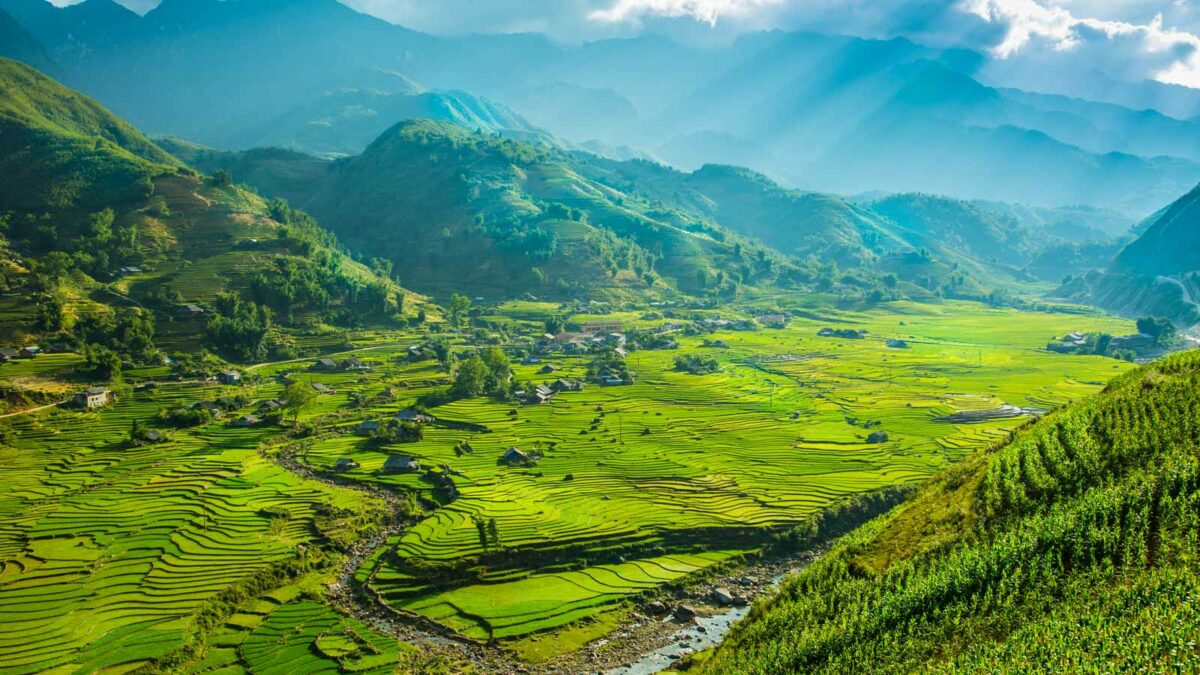 Scenic landscap of valley near mountains in Vietnam