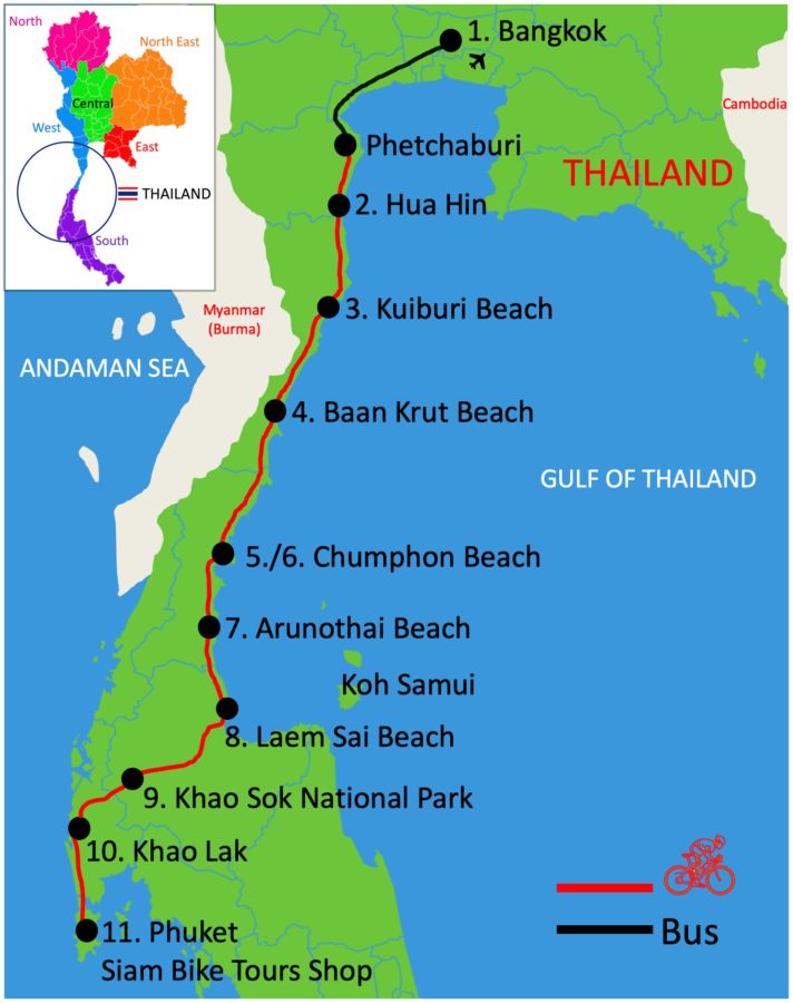 Tour Map of the flat Bangkok to Phuket East Coast Cycling Tour / Siam Bike Tours - Phuket